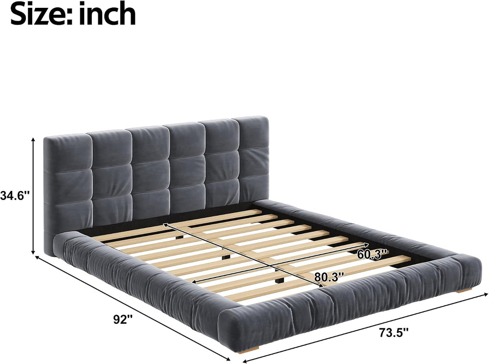 Queen Upholstered Velvet Platform Bed Frame with Tufted Headboard，Gray#03