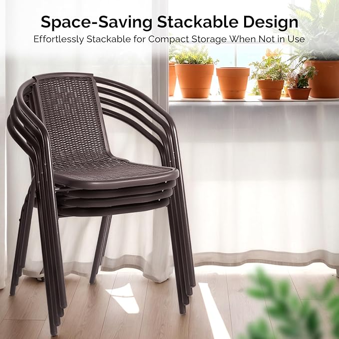 VINGLI PE Rattan Outdoor Dining Chairs Set of 4, Brown