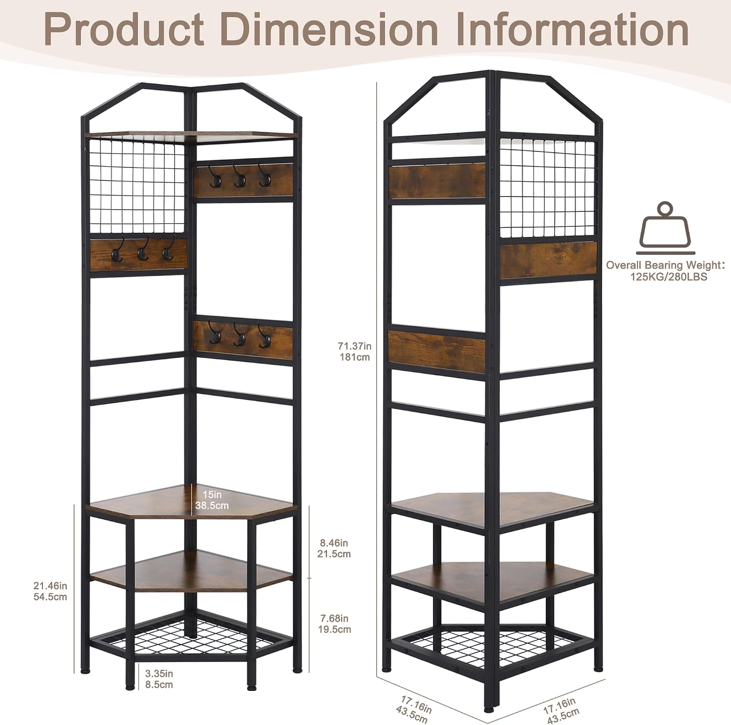 Heavy Duty Corner Hall Tree Organizer, 3-in-1 Industrial Freestanding Coat Storage Rack with Hooks and 4 Wooden Shelves for Entryway, Black
