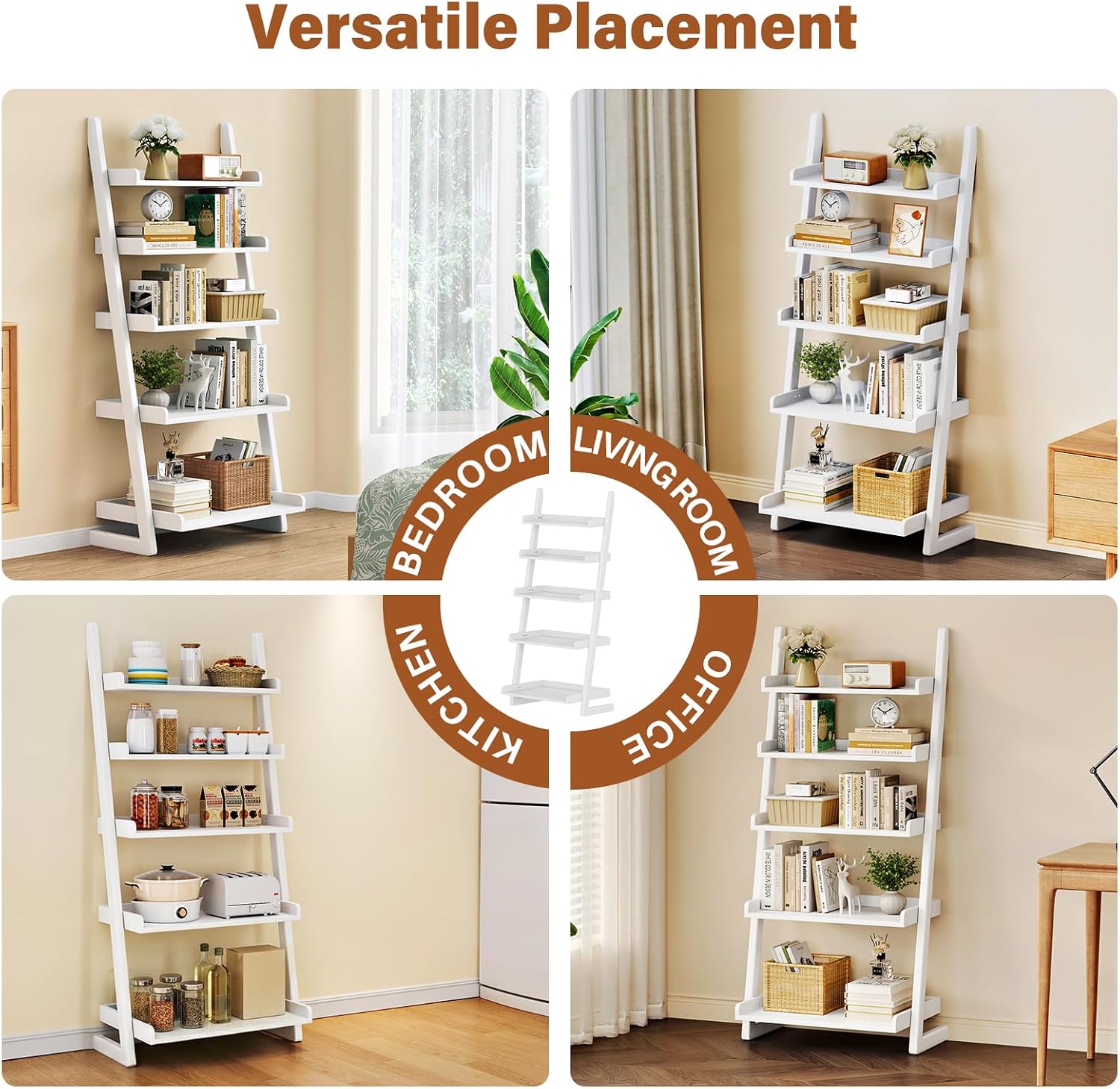 CozyDH Wooden Ladder Shelf, White Ladder Bookshelf Narrow 5-Tier,Ladder Shelf Bookcase Storage for Living Room, Bedroom, Home Office,23.6''Dx15.7''Wx55.1''H