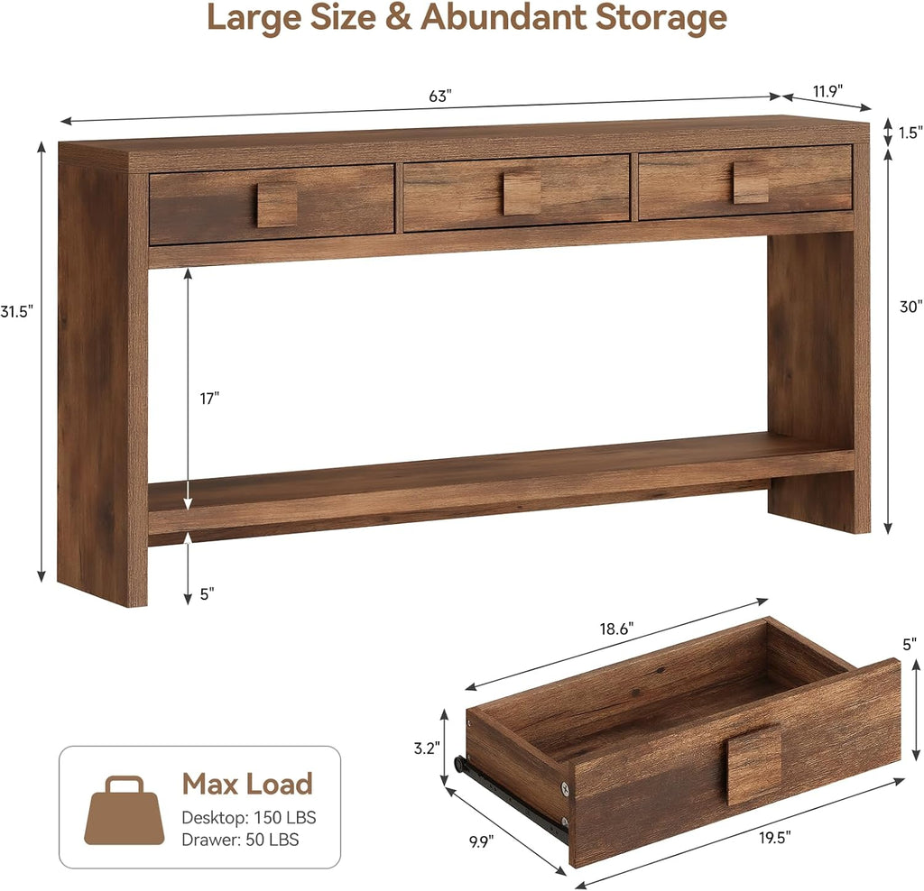 ONBRILL 63 Inch Long Console Table with 3 Drawers, Entryway Table with Open Storage Shelves, Mid Century Modern Hallway Accent Tables Behind Couch Table for Living Room (Vintage Brown)