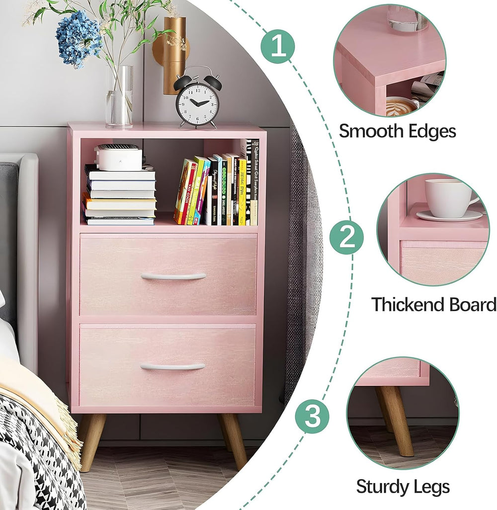 Aenuert Night Stand, Pink Nightstand with 2 Fabric Drawers, Wooden Side Table...