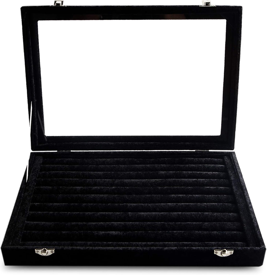 Frebeauty Rings/Earrings Organizer Tray with Clear Lid 10 Slots Velvet Drawer Insert Jewelry Storage box with Transparent Glass lid Jewelry Display Case Showcase Gift for Girls Women (Black, 10 Slots)