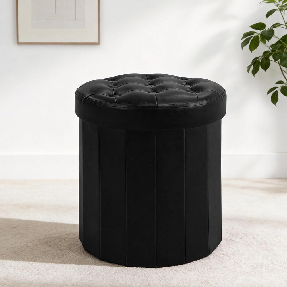 CAROLMADE Round Storage Ottoman, PU Leather Folding Footrest Stool with Thick...