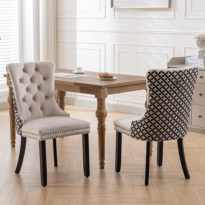 Velvet Dining Chairs Set of 2, High-end Tufted Upholstered Dining Chair with Back Ring Pull, Nailhead Trim and Solid Wood Legs, Modern Dining Room Chairs for Dining Room, Beige &Patterned