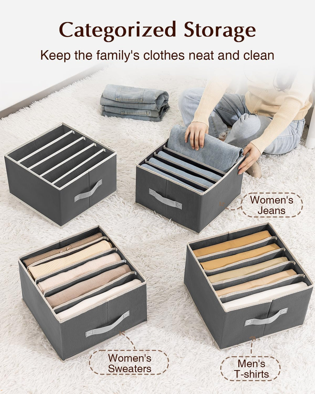 Clothes Organizers and Storage - Fabric Jeans Organizer with Handles, Foldable Drawer Dividers for Clothes, Closet Shelf Organizer for Shirts, Bra, Sweater, Scarf, 4 Pack, Dark Grey