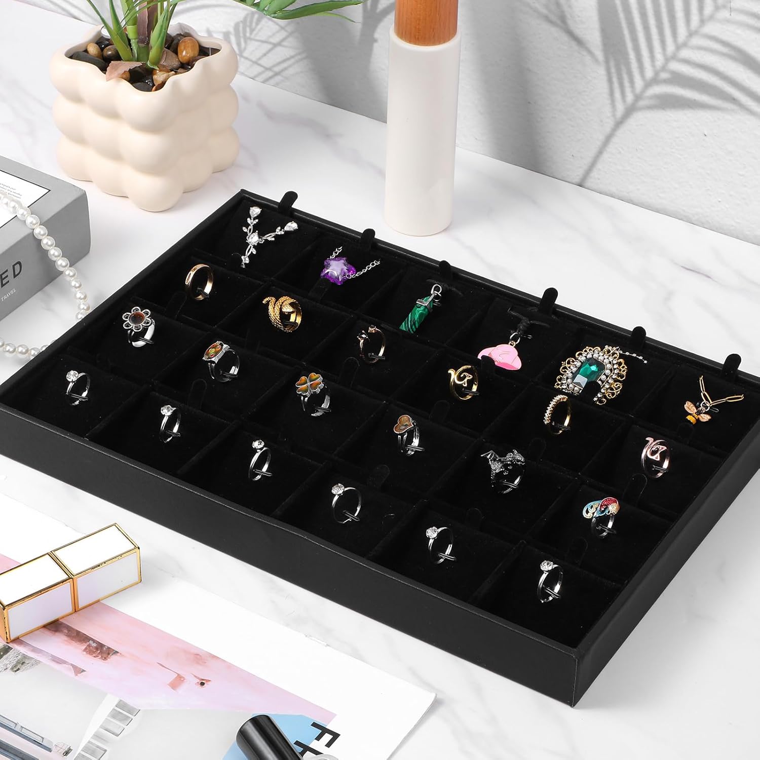 Velvet Jewelry Tray for Drawers Black Jewelrys Display Tray Stackable Jewelry Organizer Trays for Necklace Bracelet Ring Watch