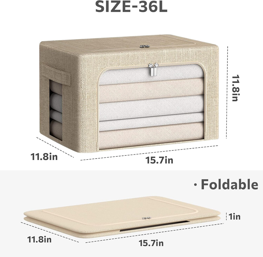 CYhom 3Pack Foldable Storage Bins - Frame Storage Box Linen Fabric Stackable Clothes Container Organizer with Clear Window & Carry Handles Large Capacity (Medium-36L, Beige)