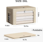 CYhom 3Pack Foldable Storage Bins - Frame Storage Box Linen Fabric Stackable Clothes Container Organizer with Clear Window & Carry Handles Large Capacity (Medium-36L, Beige)