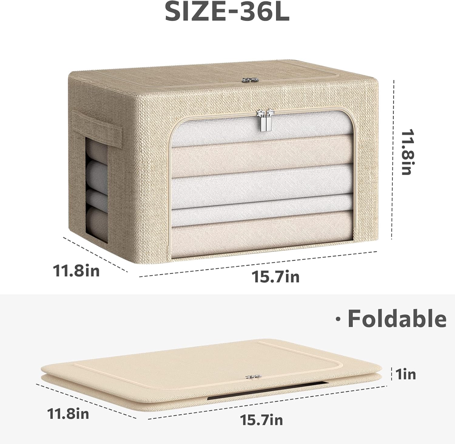 CYhom 3Pack Foldable Storage Bins - Frame Storage Box Linen Fabric Stackable Clothes Container Organizer with Clear Window & Carry Handles Large Capacity (Medium-36L, Beige)