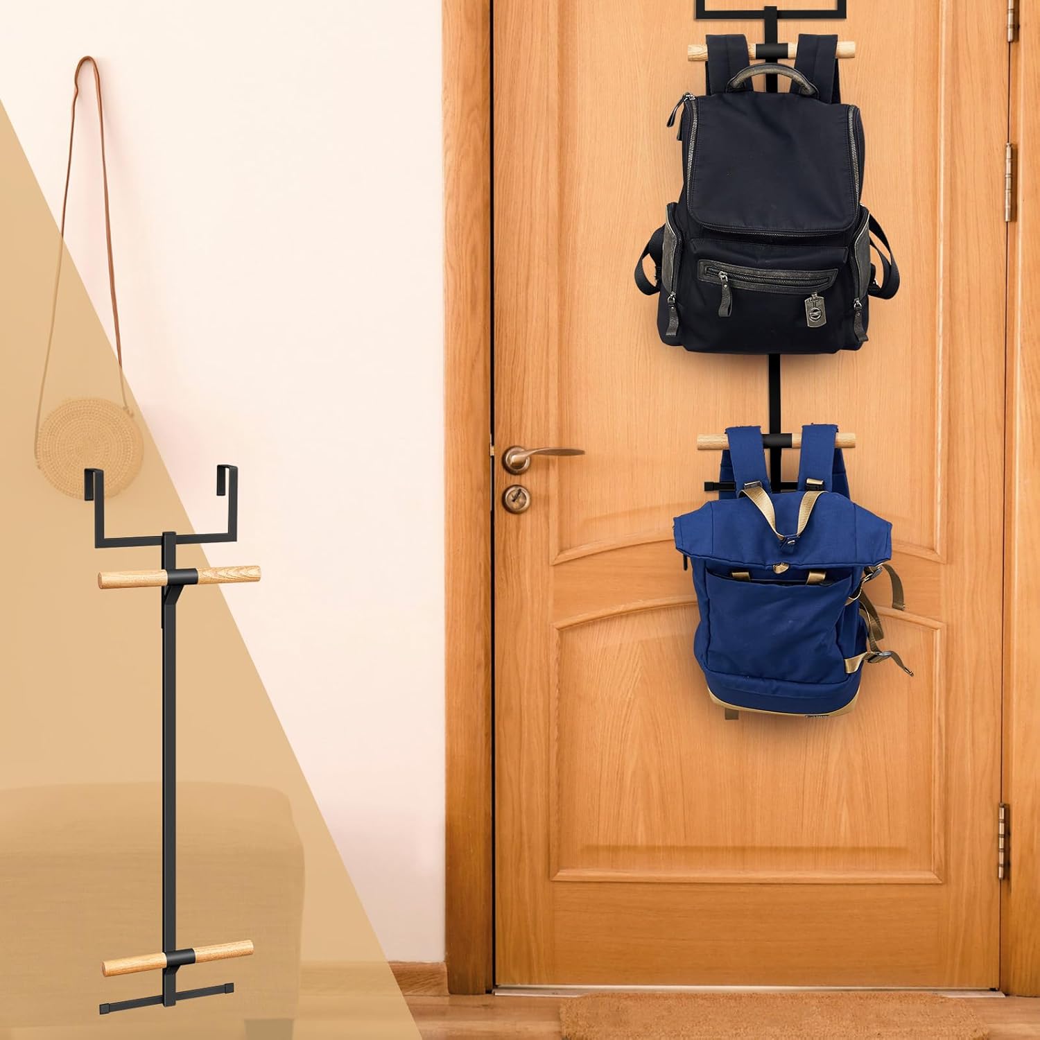 Over The Door Backpack Hanger, Backpack Hanger for Closet, Two Tiered Metal Storage Rack Backpacks Hooks, Heavy Duty Hook Storage for Schoolbag, Easy Installation(Black,1)