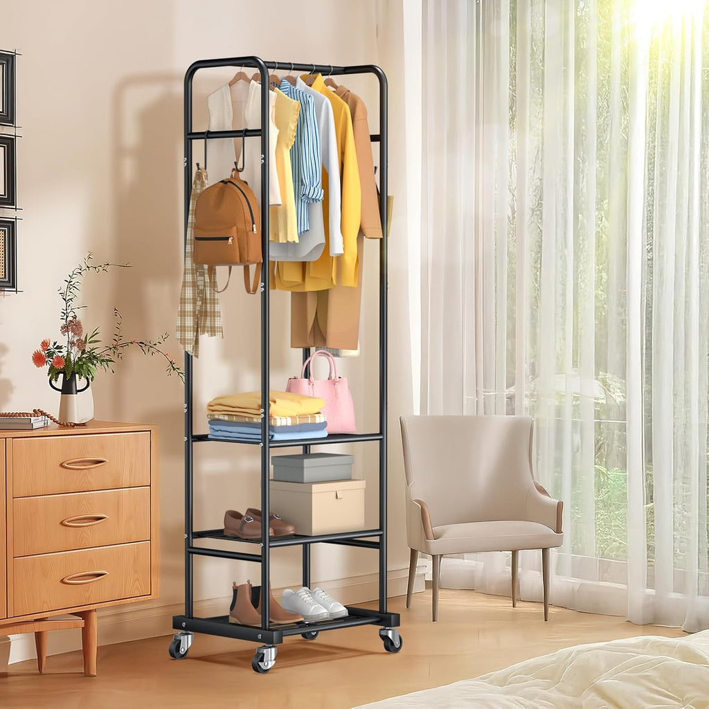 Clothes Rack with Wheels, Freestanding Garment Rack with 3 Metal Shelves for Hanging Clothes, Portable Hanging Rod for Small Room, Bedroom, Bathroom (Black)