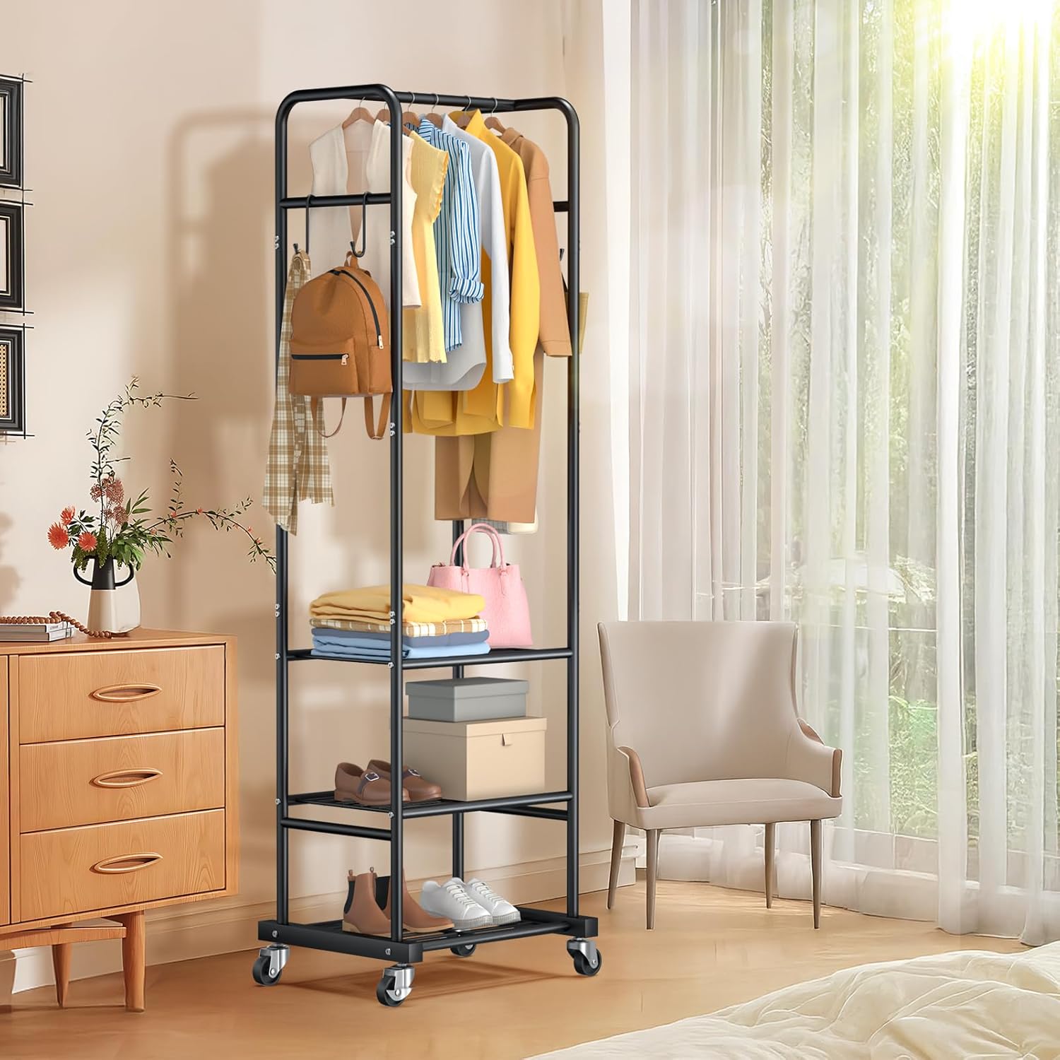 Clothes Rack with Wheels, Freestanding Garment Rack with 3 Metal Shelves for Hanging Clothes, Portable Hanging Rod for Small Room, Bedroom, Bathroom (Black)