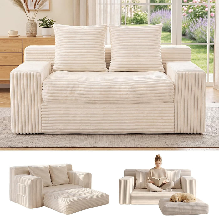 Small Boneless Couch, Boneless Loveseat Convertible Sofa Bed Sleeper Sofa Couch Bed with 2 Pillows, Corduroy Folding Floor Futon Foldable Boneless Couch for Living Room, Guest Room, Small Space, Beige