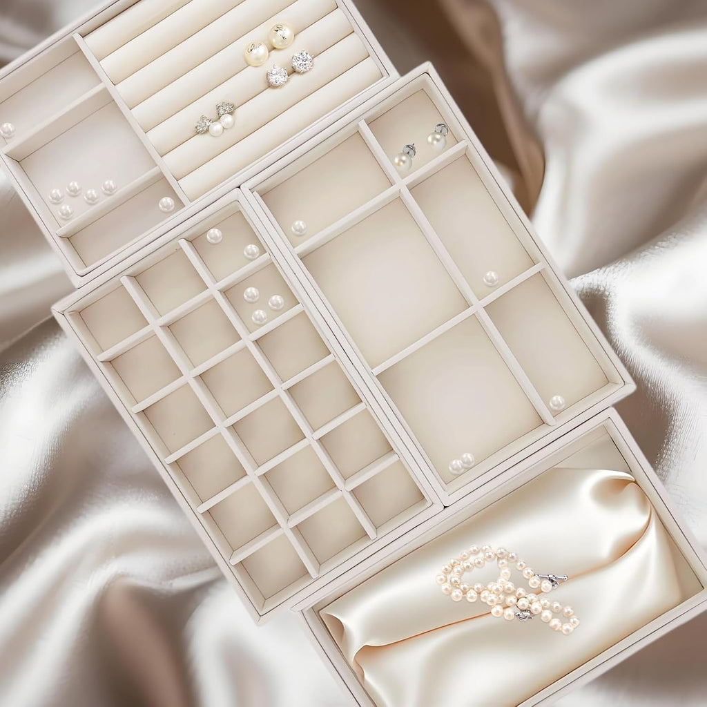 8 Pack Jewelry Organizer for Drawer, Necklace Velvet Storage Display Tray, Stackable Insert Divided Holder for Bracelet Rings Earring Brooch Watch, Beige 4 Styles