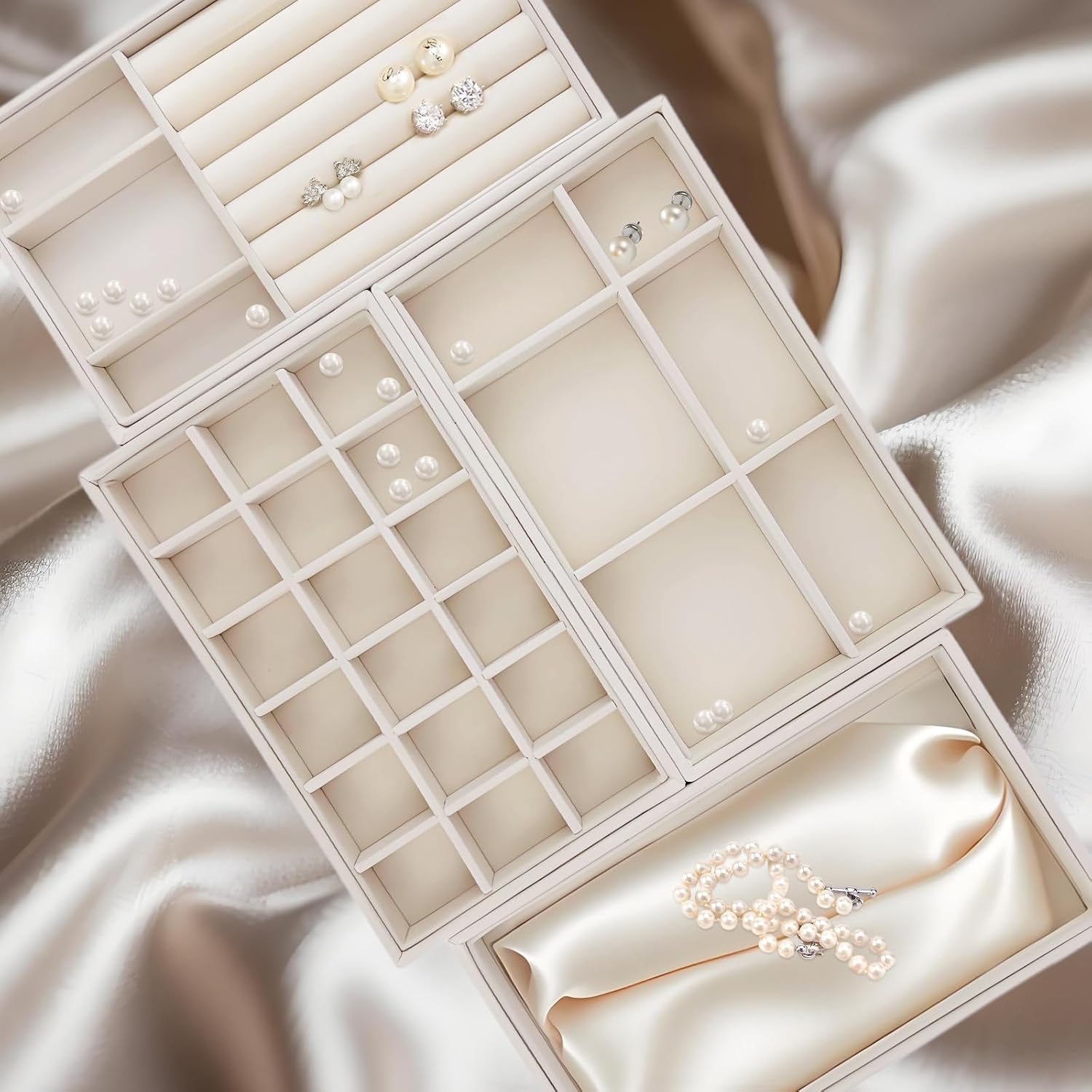 8 Pack Jewelry Organizer for Drawer, Necklace Velvet Storage Display Tray, Stackable Insert Divided Holder for Bracelet Rings Earring Brooch Watch, Beige 4 Styles