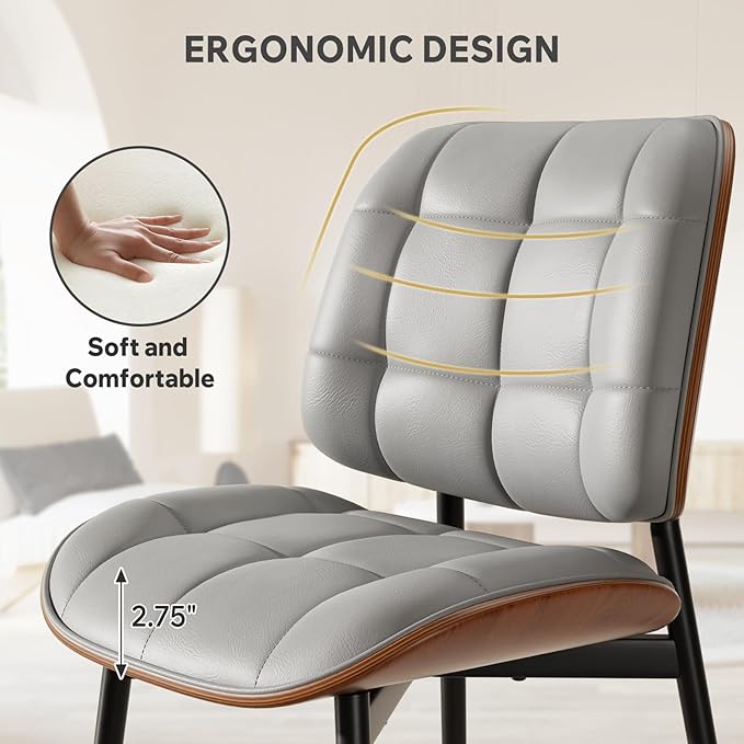 Dining Chairs Set of 2, Mid Century Modern Dining Room Chair, Upholstered Faux Leather Kitchen Chairs with Thick Cushion and Walnut Bentwood Back for Kitchen Dining Room, Grey