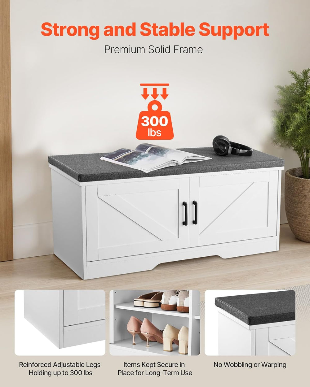 VEVOR Shoe Storage Bench with Padded Cushion & 2 Barn Doors, Entryway Ben...
