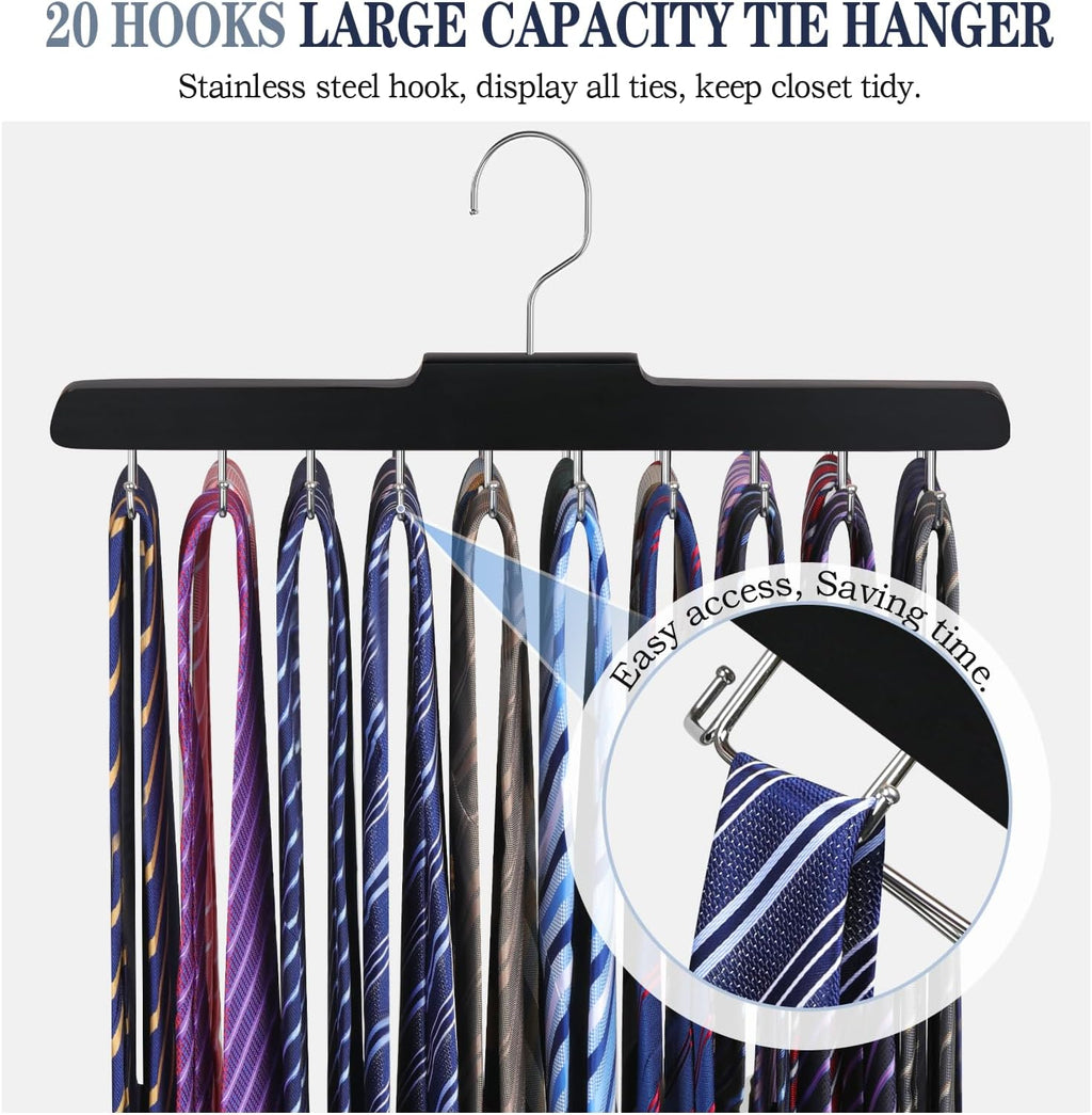 Tie Rack Hanger for Closet Fitnice Upgraded Non Slip Tie Holder Organizer Space Saving with 20 Foldable Hooks Wooden Belt Hanger for Tank Tops Bras Cami Scarves,Black