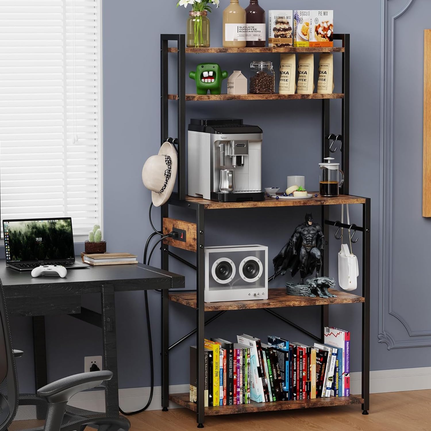 Kitchen Bakers Rack with Power Outlet, 5 Tiers Coffee Bar Table, Kitchen Microwave Stand with 6 S-shaped Hooks, Kitchen Storage Shelf Rack for Spices, Pots, Rustic Brown