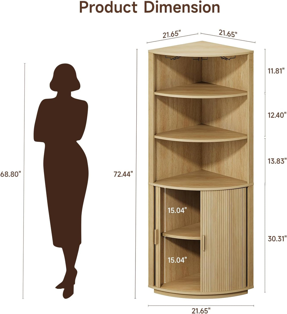 ONBRILL 72" Tall Corner Bar Cabinet with LED Light, Liquor Cabinets, Oak