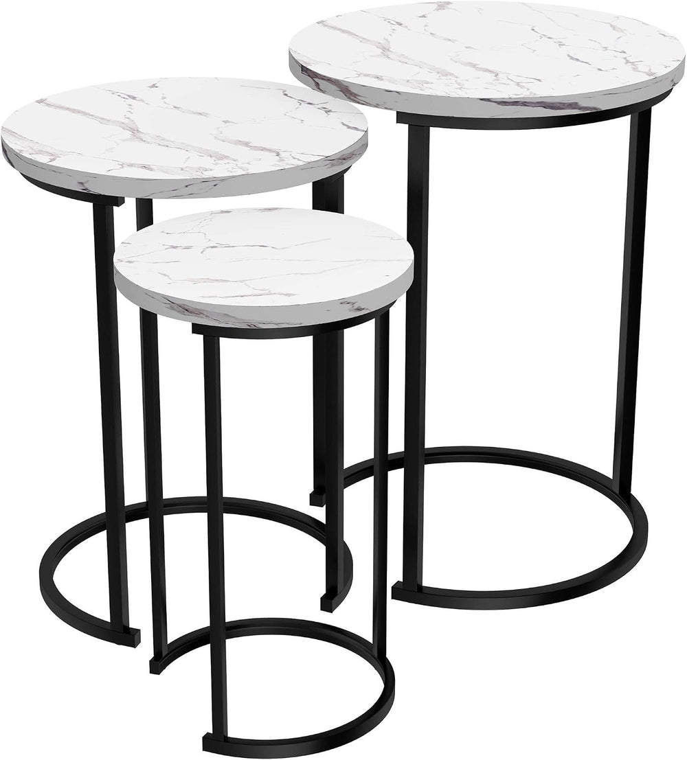Lavish Home Round Nesting Tables Set of 3, Faux Marble Tabletop, White | 25”H...