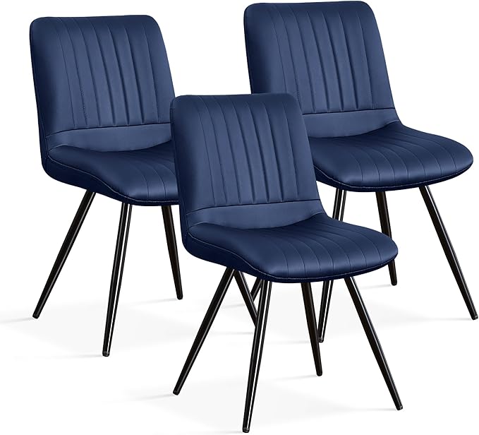 Dining Chairs Set of 3, Modern Dining Chairs with Thick Cushions, PU Leather Upholstered Kitchen Dining Room Chairs with Metal Legs for Dining Living Room (Navy Blue)