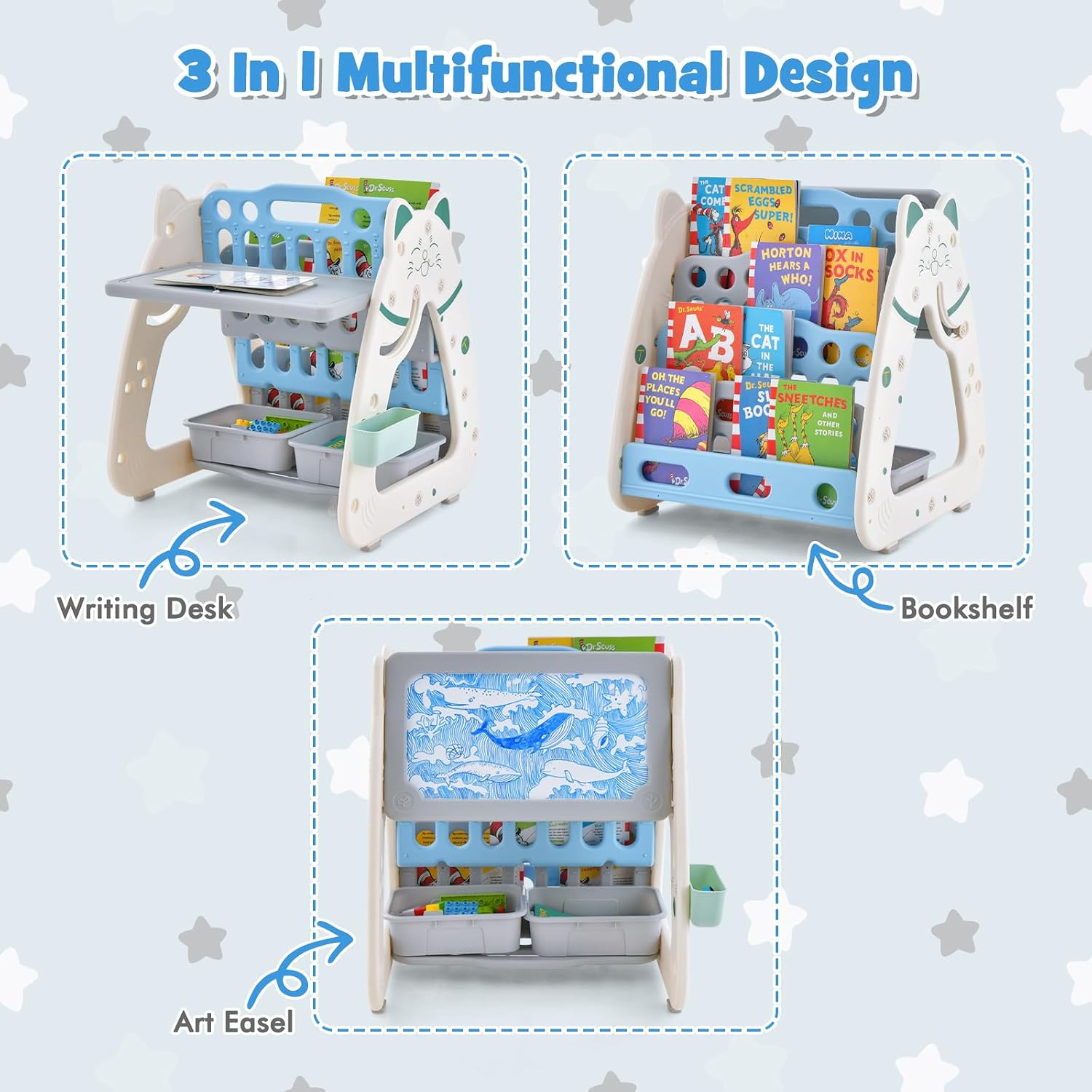 HONEY JOY Kids Table and Chair Set, 3 in 1 Convertible Art Easel & Display Bookshelf w/Magnetic Painting Board, Bottom Storage Shelf, Children Activity Table Set for Drawing Reading (Blue)