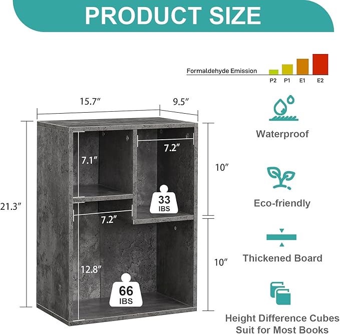 VECELO Small Bookshelf, 3 Cube Shelf, Fits Tallest Hardcovers, Horizontal Available, Short Bookcase for Small Spaces,Modern Gray