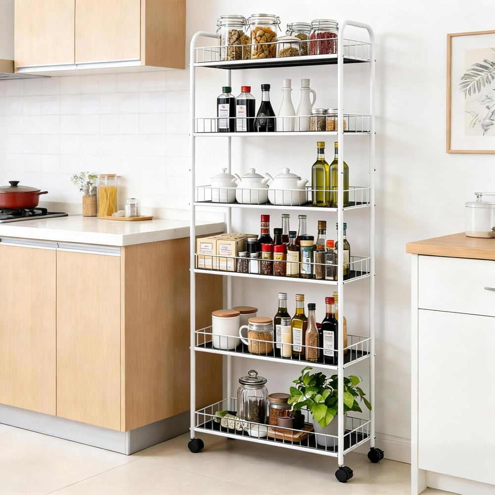 10in 6 Tier Slim Storage Cart with Wheels,White Narrow Space Rolling Shelving...