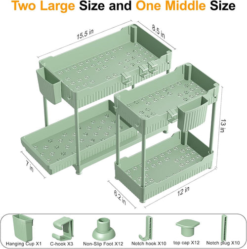 3 Pack Under Sink Organizers, 2-Tier Multi-Use Kitchen and Bathroom Organizers and Storage with Sliding Drawers，Bathroom Cabinet Organizer (Green, 12.8 Inch)