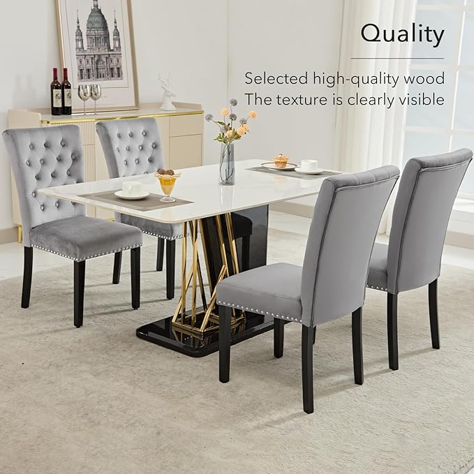 Velvet Dining Kitchen Chair Set of 2, Parsons Upholstered Dining Room Chair, Wood Accent Chair with Nailed Trim, Grey