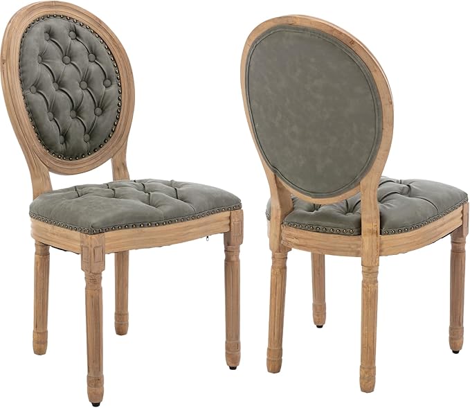 French Country Dining Chairs Set of 2, Olive Kitchen & Dining Room Chairs, Faux Leather, Tufted Upholstered, Wood Legs, Sillas De Comedor (PU, Pine Green, 2Pcs)