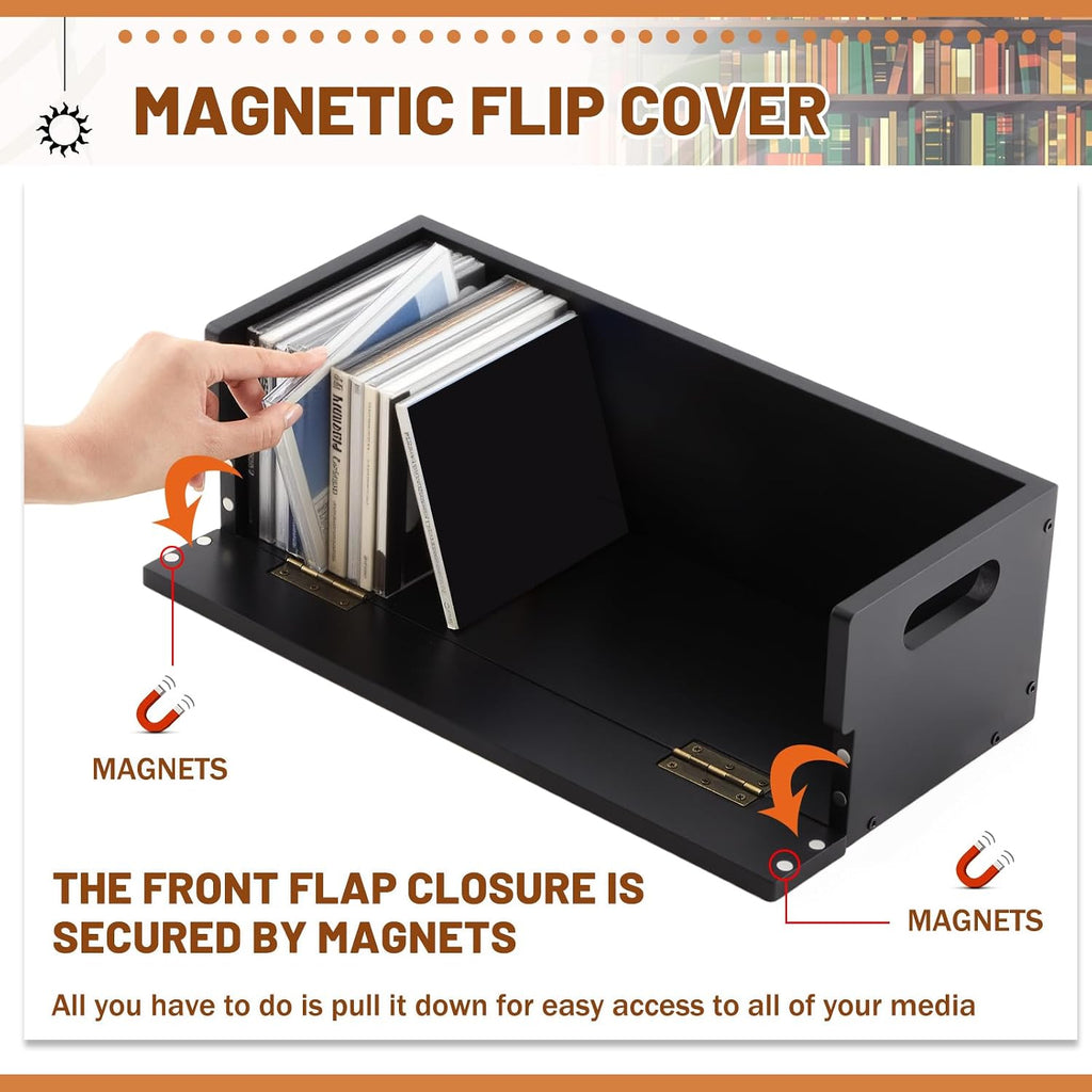 CroBlissful 2 Set Wooden CD Storage Box Holder Shelf Cassette Tape Display Racks with Carrying Handles, Organizer Shelf for Movie Cases, DVDs, Each Set Can Store up to 36 Pcs CDs (Black)