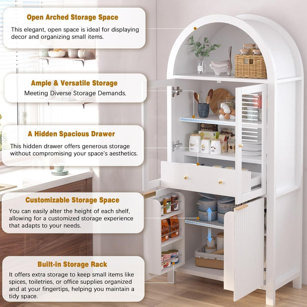 71" Tall Arched Pantry Cabinet with Adjustable Shelves, Kitchen Storage ...