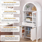 71" Tall Arched Pantry Cabinet with Adjustable Shelves, Kitchen Storage with Glass Doors, Modern Fluted Cabinet with Drawer, Display Unit for Kitchen, Dining Room
