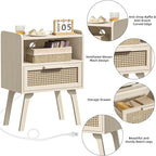 Lerliuo Rattan Nightstand with Charging Station, Side Table with Drawer Open Shelf, Cane Accent Bedside End Table with Solid Wood Legs, Night Stand for Bedroom, Dorm and Small Spaces (Grey White)
