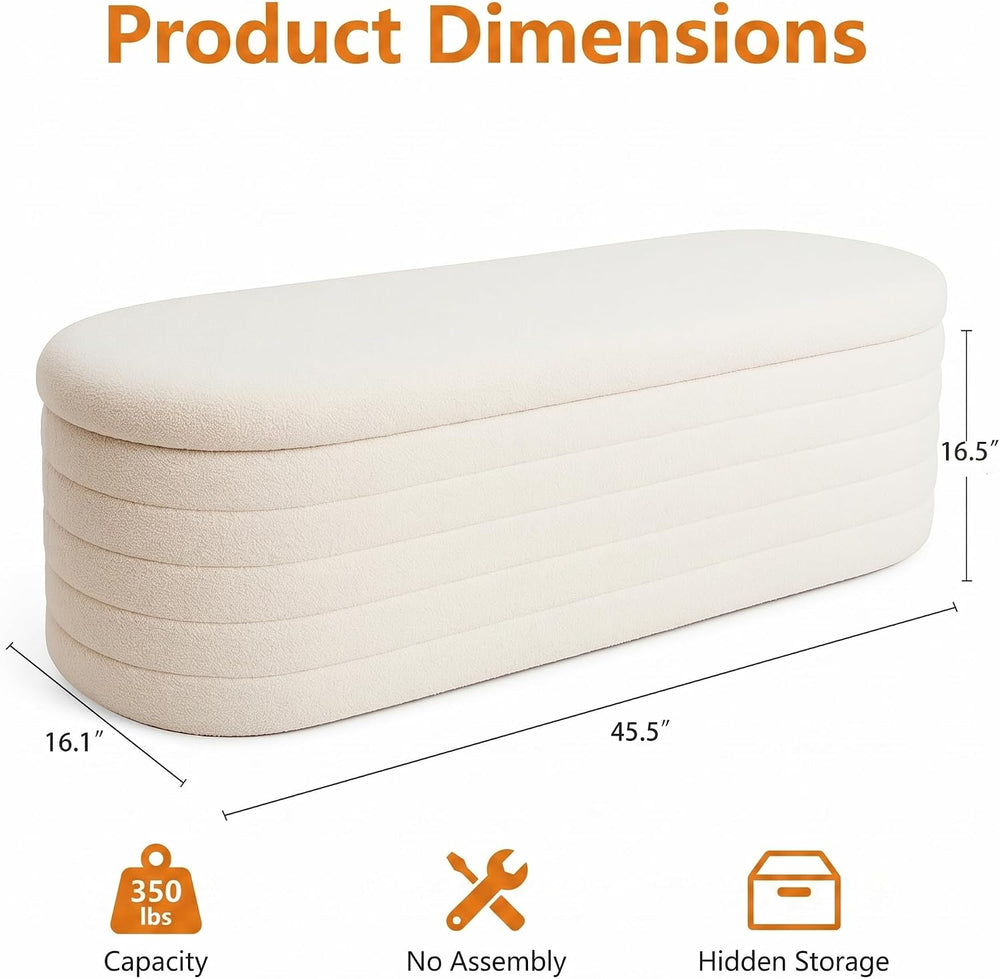Teddy Sherpa Storage Ottoman Bench End of Bed, White | Modern Boucle, Oval De...