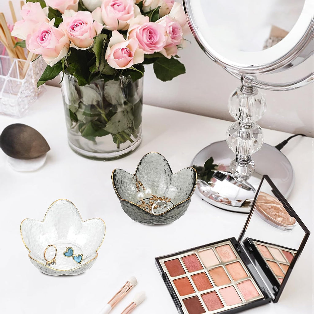 2Pcs Flower Shape Jewelry Tray, 3.5in Small Glass Jewelry Dish, Room Aesthetic Ring Dish, Engagement Ring Holder for Women, Bathroom Trinket Tray for Rings Earring Wife Mom Daughter Gift (White, Grey)