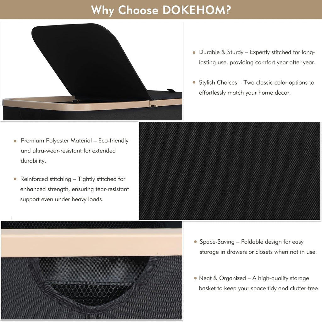 DOKEHOM 160L Double Laundry Basket with Removable Lid and Laundry Bags, Large Collapsible Laundry Hamper with 2 Sections (Black)