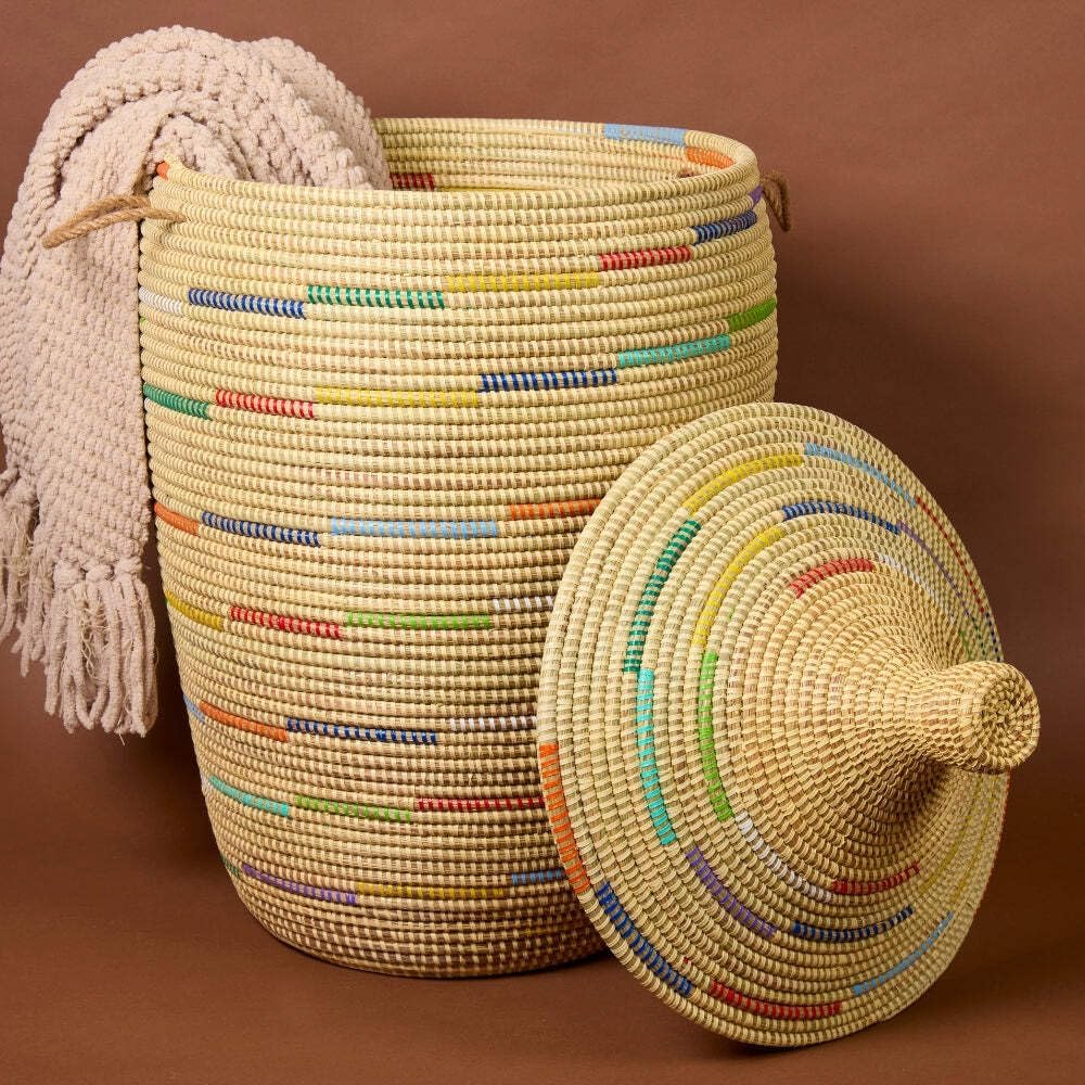 Tall Large Decorative Wicker Storage Basket with Lid, Laundry Hamper, Blanket Storage, Toys Bin, Clothes Holder, Boho Style (Colors Beige)