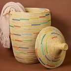 Tall Large Decorative Wicker Storage Basket with Lid, Laundry Hamper, Blanket Storage, Toys Bin, Clothes Holder, Boho Style (Colors Beige)