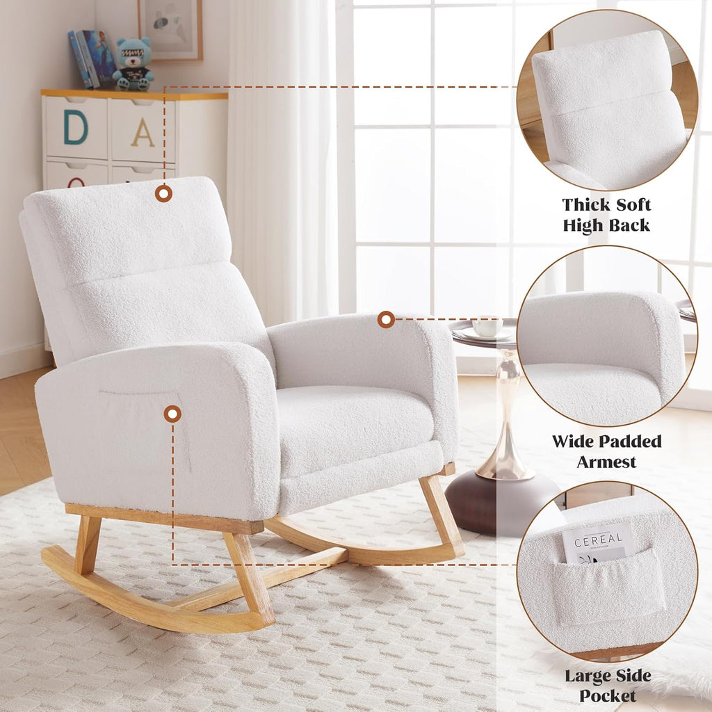 HCHAIRH Rocking Chair Nursery with Foot Rest, Nursing Rocking Chairs for Mom Nursery, Teddy Rocker Glider with High Backrest for Living Room, Bedroom, White