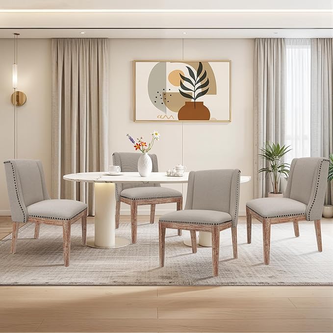 Dining Chair Set of 4, Fabric Upholstered Kitchen Side Chairs with Wooden Legs for Kitchen & Restaurant Use, Beige