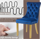 Velvet Dining Chairs Set of 2, Modern Tufted Dining Room Chair, Upholstered Dining Chairs with Lion Head Pulls Ring and Golden Solid Wood Legs, Luxury Kitchen Chairs for Dining Room, Blue
