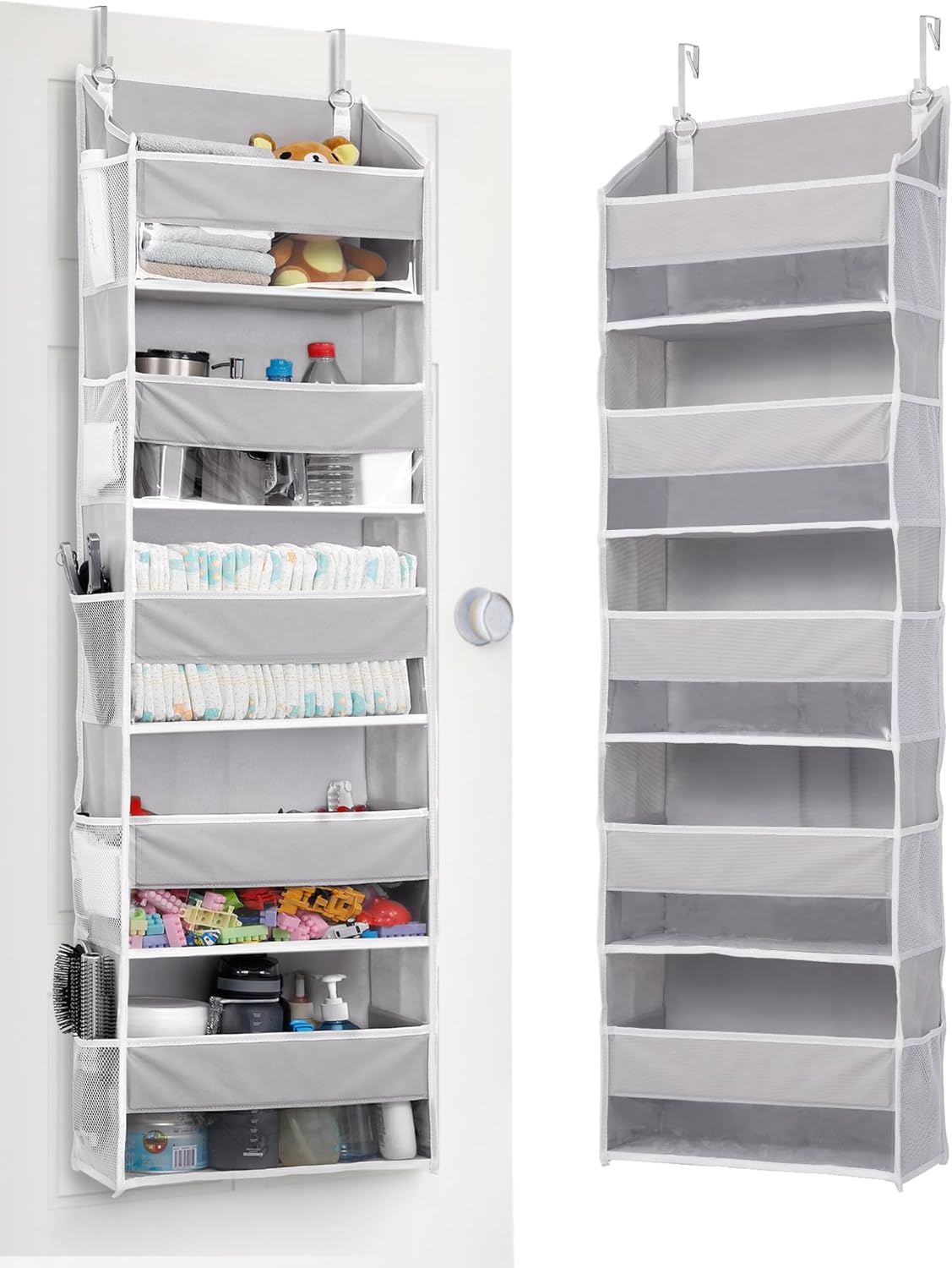 ULG 1 Pack Over Door Organizer with 5 Large Pockets 10 Mesh Side Pockets, 44 lbs Weight Capacity Hanging Storage Organizer with Clear Window for Kids Toys, Shoes, Diapers, Grey, 5 Layer