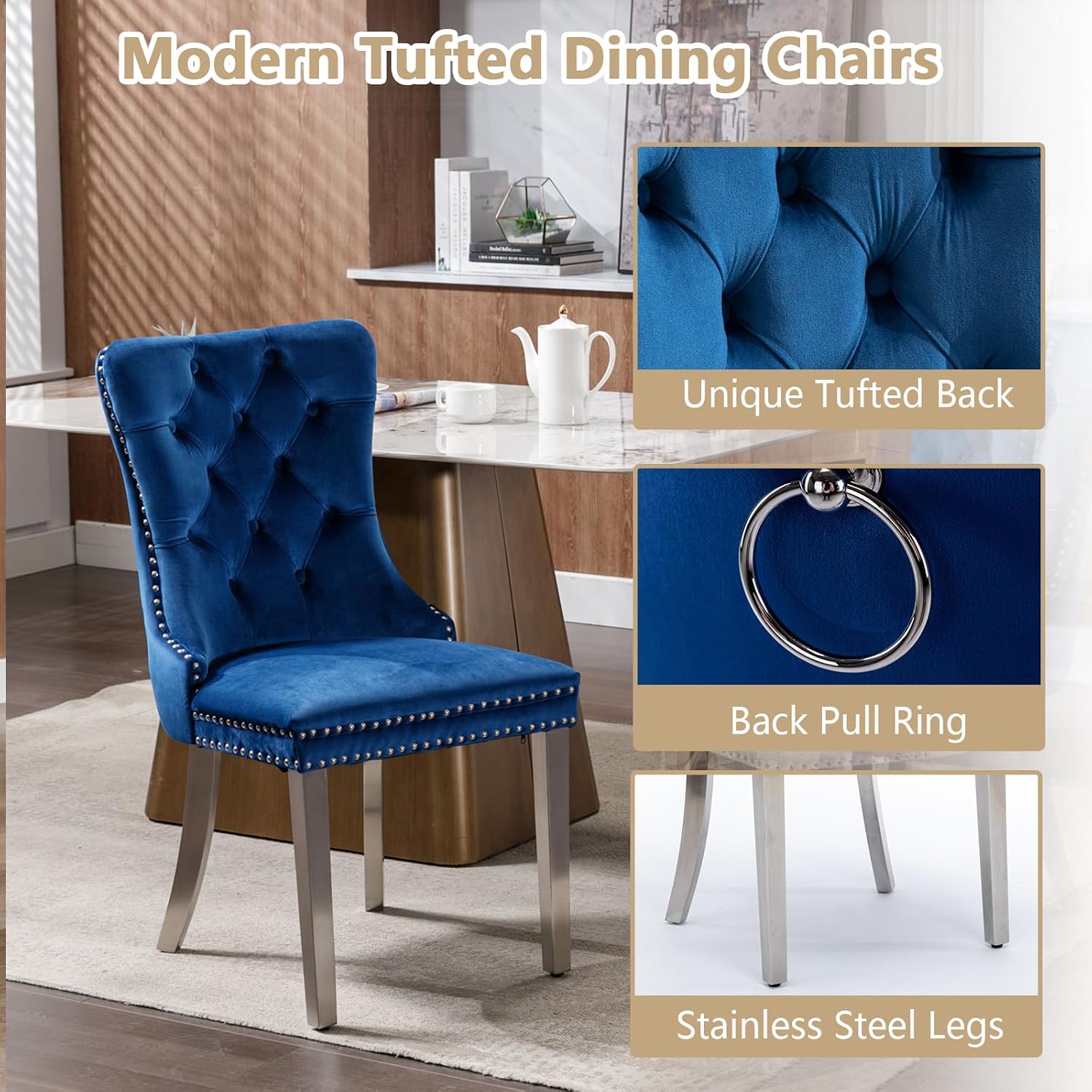 Henf 5 Piece Round Glass Dining Table Set for 4, Modern 47" Round Dining Table & Chair Set Circle Glass Kitchen Table and 4 Velvet Tufted Chairs for Kitchen Dining (Silver Table & Blue Chair)