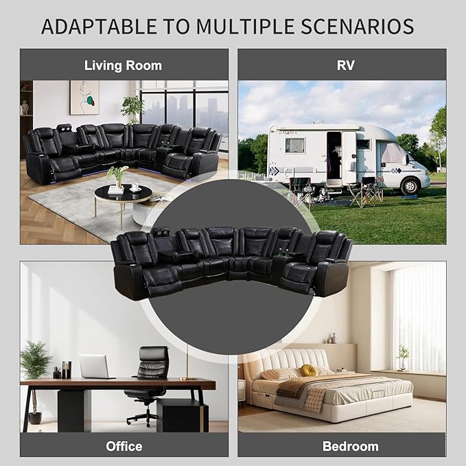Power Reclining Sectional Sofa for Living Room,Modern L-Shaped Black Air Leather Sectional Couch Set,Recliner Sofa Set,with LED Lights,Cup Holder,Storage,Charging Ports,Home Theater Seat