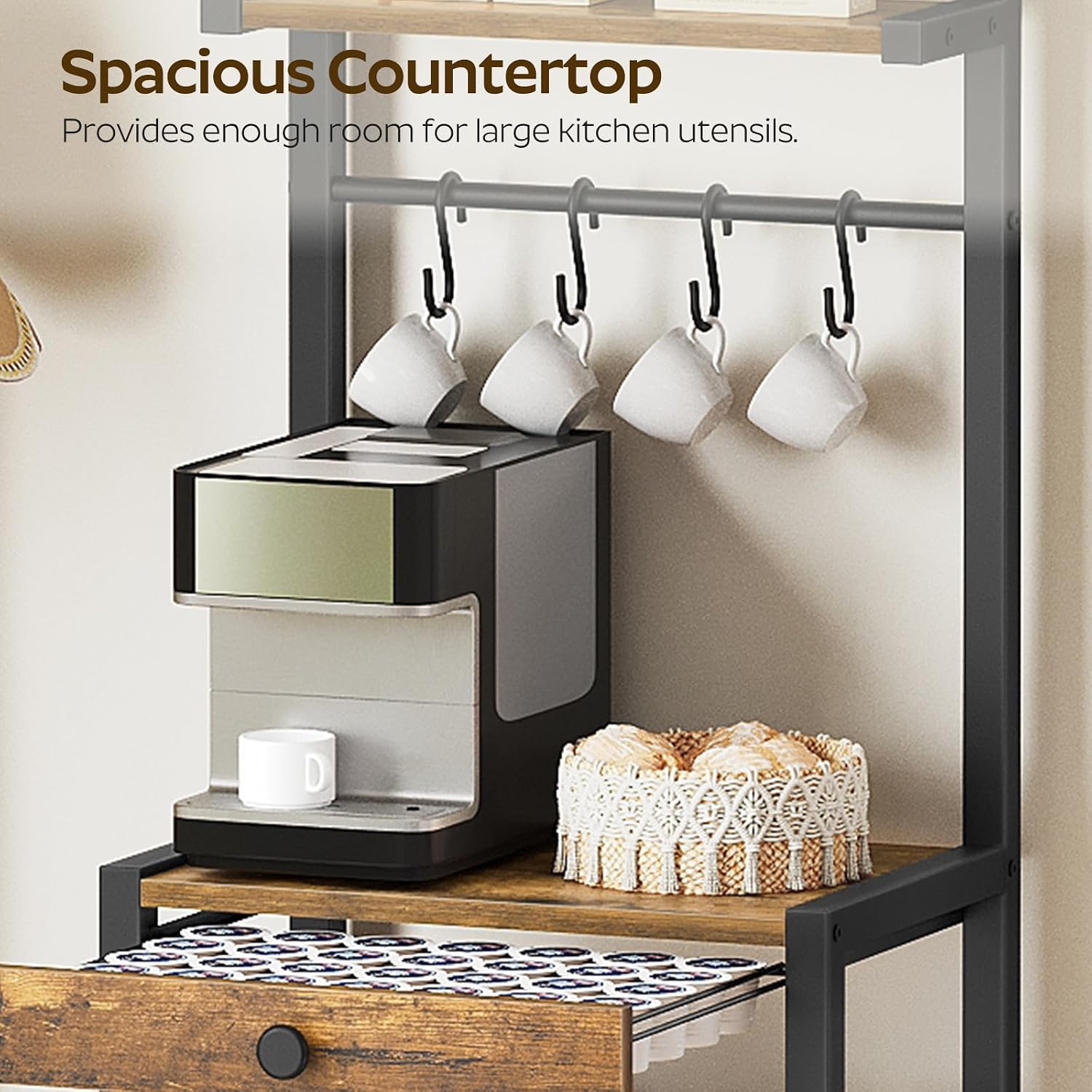 YATINEY Bakers Rack, 5-Tier Coffee Bar Station, Coffee Stand with Pod Drawer Holder, Versatile Kitchen Storage Rack with 4 Hooks, for Living Room, Cafe Corner, Rustic Brown and Black KF01BRY1