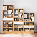 IOTXY Wooden Open Shelf Bookcase - 71 Inches Tall Freestanding Display Storage Cabinet Organizer with 10 Cubes and a Drawer, Floor Standing Bookshelf in Maple Yellow